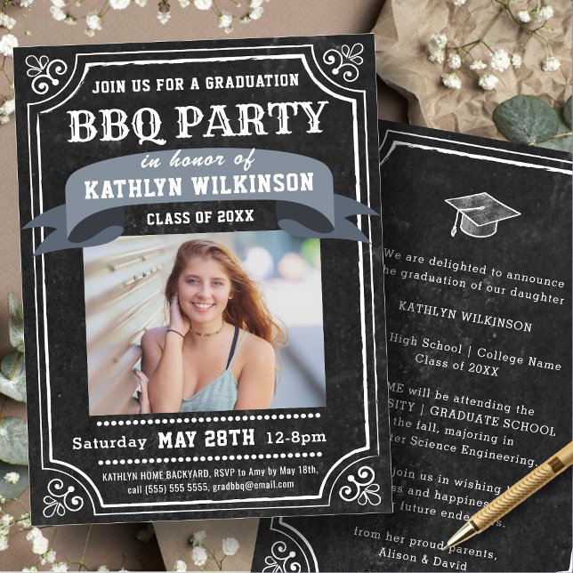 Rustic Chalkboard Graduation BBQ Party Photo Invitation (Creator Uploaded)