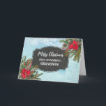 Rustic Chalkboard Grandson Merry Christmas Card<br><div class="desc">Merry Christmas for grandson card with rustic country chalkboard pattern and winter foliage with poinsettias.</div>