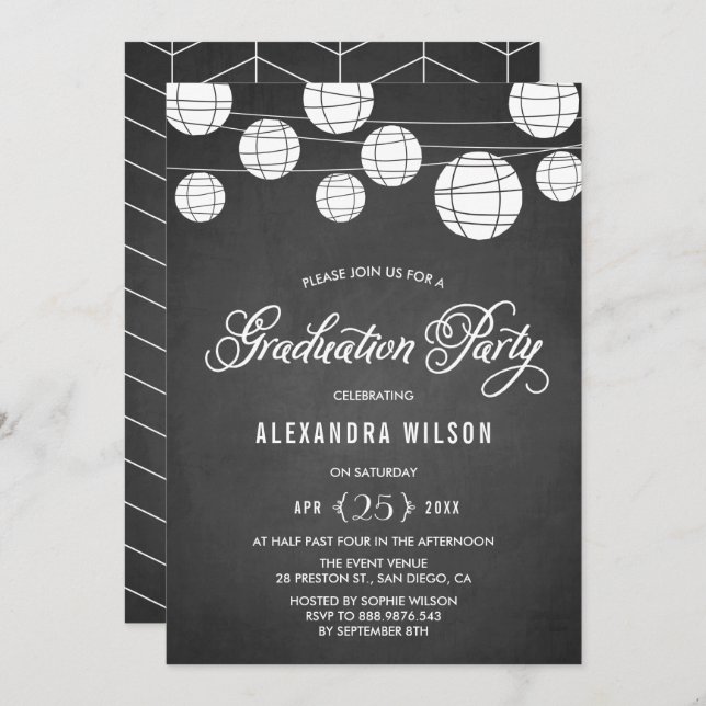 Rustic Chalkboard Hanging Lanterns Graduation Invitation (Front/Back)