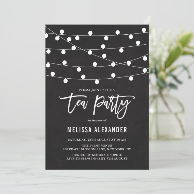 Rustic Chalkboard Hanging String Lights Tea Party Invitation (Standing Front)