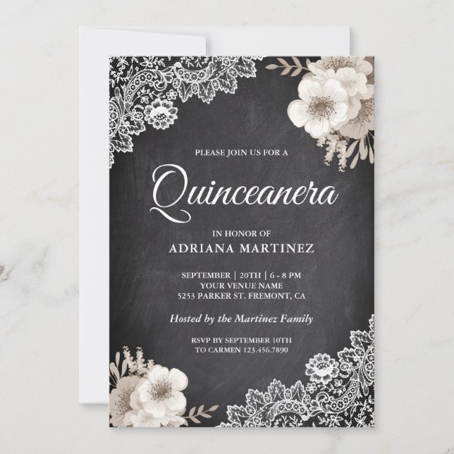 Rustic Chalkboard Lace Ivory Floral Quinceanera Invitation (Front)