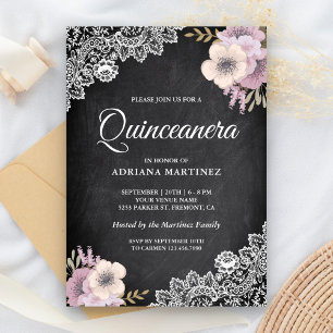 Rustic Chalkboard Lace Pink Floral Quinceanera Invitation