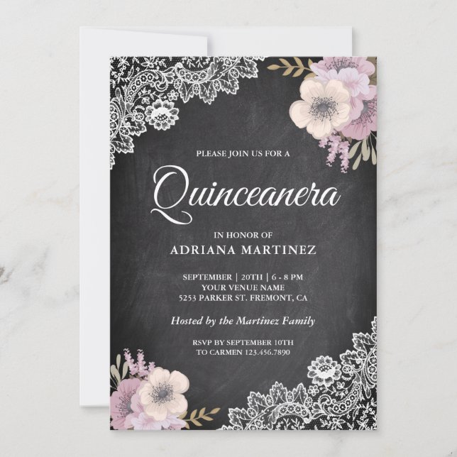 Rustic Chalkboard Lace Pink Floral Quinceanera Invitation (Front)