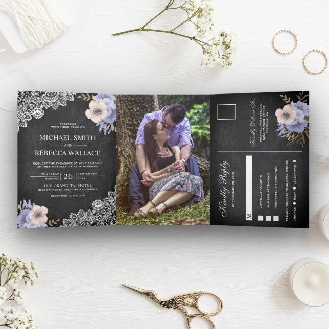 Rustic Chalkboard Lace Purple Floral Wedding Photo Tri-Fold Invitation (Creator Uploaded)