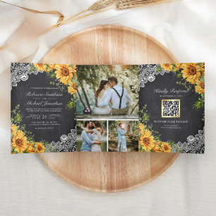 Rustic Chalkboard Lace Sunflowers QR Code Wedding Tri-Fold Invitation