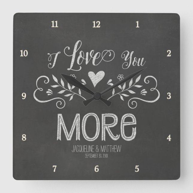 Rustic Chalkboard Leaf Heart Script Typography Square Wall Clock (Front)