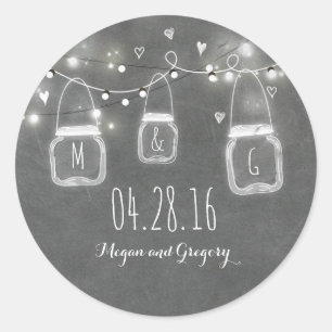 Rustic Chalkboard Mason Jar Lights Wedding Classic Round Sticker