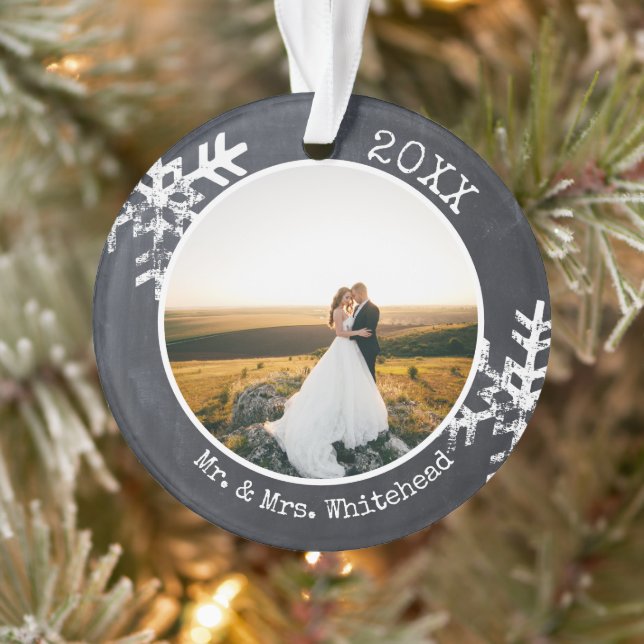 Rustic Chalkboard Newlywed Snowflake 1st Christmas Ornament (Tree)