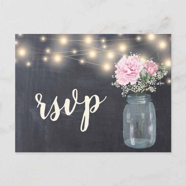 Rustic Chalkboard Peony Floral Mason Jar | RSVP Invitation Postcard (Front)
