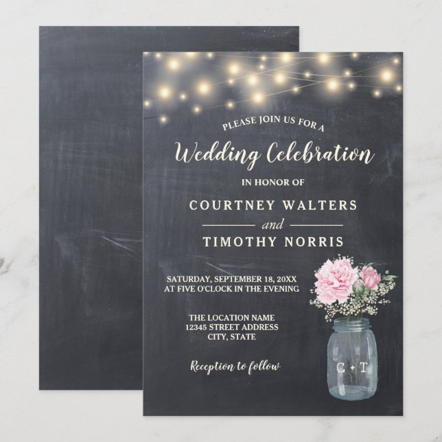Rustic Chalkboard Peony Floral Mason Jar | Wedding Invitation (Front/Back)