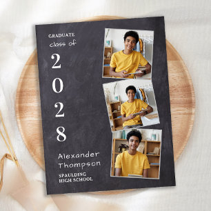 Rustic Chalkboard Personalised 3 Photo Graduation Invitation Postcard