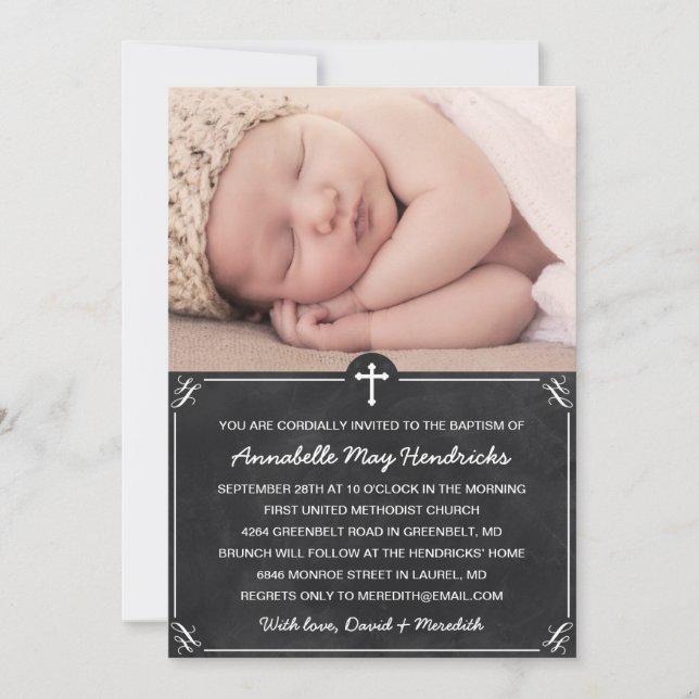 Rustic Chalkboard Photo Baptism/Christening Invitation (Front)