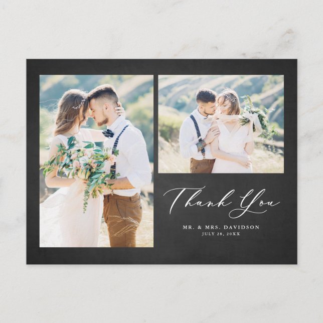 Rustic Chalkboard Photo Collage Wedding Thank You Postcard (Front)