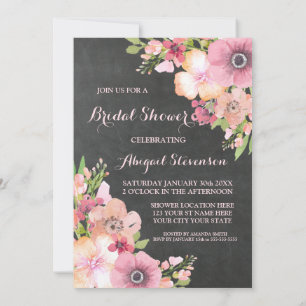 Rustic Chalkboard Pink Flowers Bridal Shower Invitation