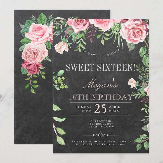 Rustic Chalkboard Pink Roses Garden Sweet Sixteen Invitation (Front/Back)