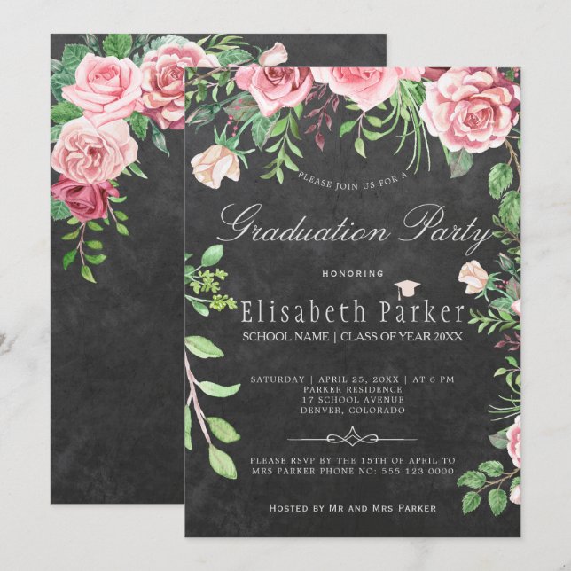 Rustic Chalkboard Pink Roses Graduation Party Invitation (Front/Back)