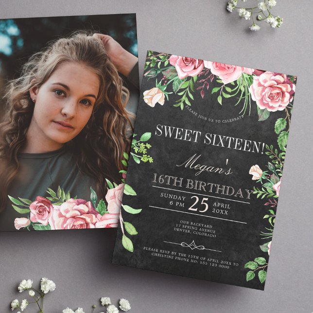 Rustic Chalkboard Pink Roses PHOTO Sweet Sixteen Invitation (Creator Uploaded)