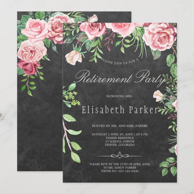 Rustic Chalkboard Pink Roses Retirement Party Invitation (Front/Back)