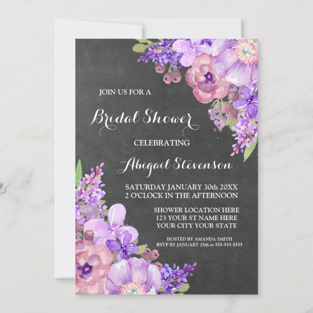Rustic Chalkboard Purple Flowers Bridal Shower Invitation (Back)