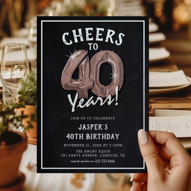 Rustic Chalkboard Rose Gold Balloons 40th Birthday Invitation (Creator Uploaded)