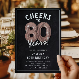 Rustic Chalkboard Rose Gold Balloons 80th Birthday Invitation