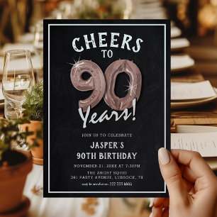 Rustic Chalkboard Rose Gold Balloons 90th Birthday Invitation