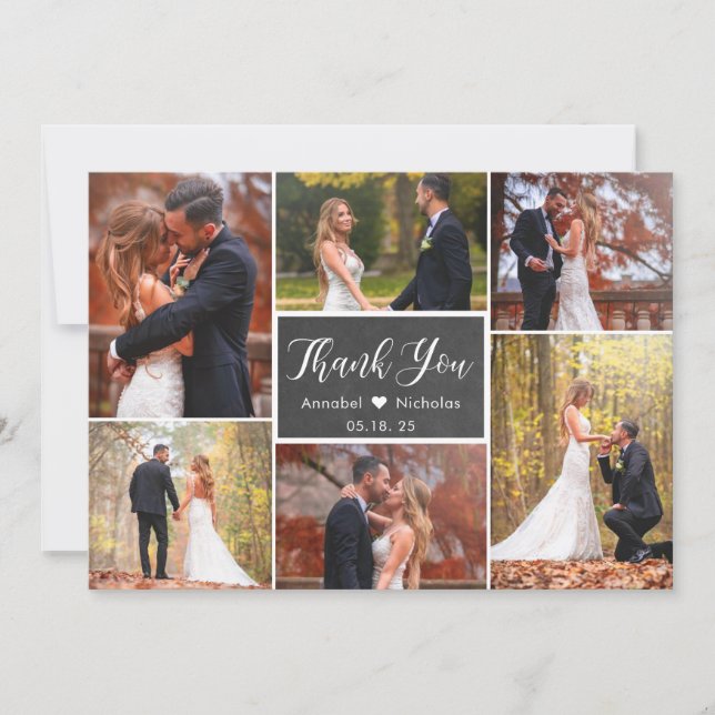 Rustic Chalkboard Script 6 Photo Collage Wedding  Thank You Card (Front)