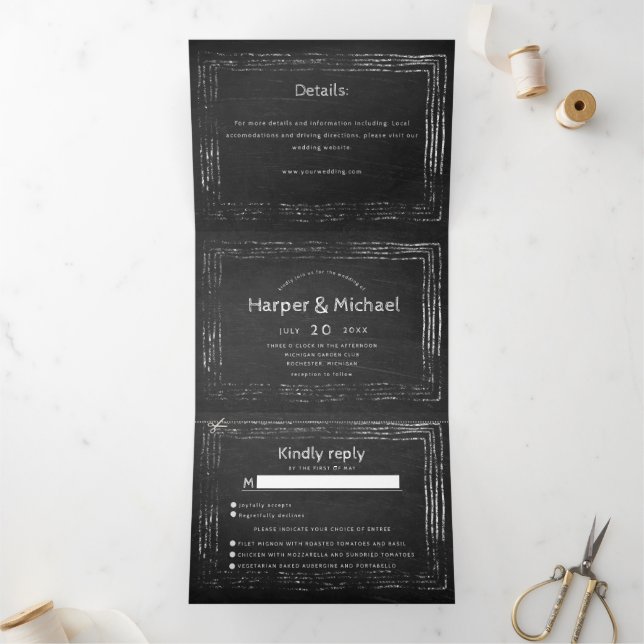 Rustic chalkboard script all in one wedding Tri-Fold invitation (Inside)