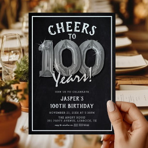 Rustic Chalkboard Silver Balloons 100th Birthday Invitation