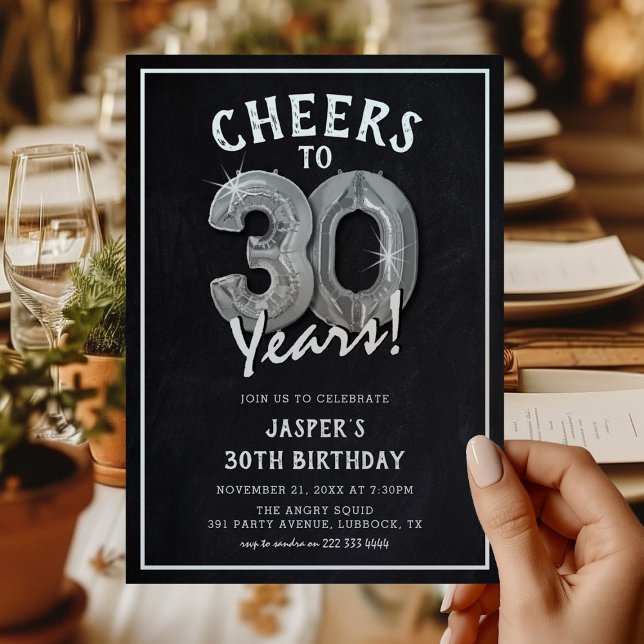 Rustic Chalkboard Silver Balloons 30th Birthday Invitation (Creator Uploaded)