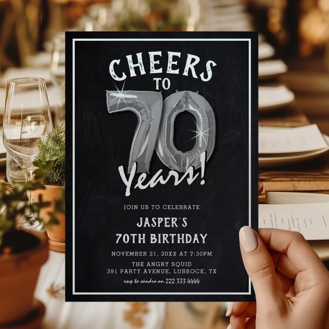 Rustic Chalkboard Silver Balloons 70th Birthday Invitation (Creator Uploaded)