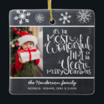 Rustic Chalkboard Snowflake Merry Christmas Ceramic Ornament<br><div class="desc">Beautiful typography based holiday ornament. "It's the most wonderful time of the year" appears in white hand-lettered typography on a charcoal grey chalkboard background accented with white snowflakes featuring a family photo.</div>