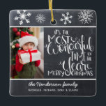 Rustic Chalkboard Snowflake Merry Christmas Ceramic Ornament<br><div class="desc">Beautiful typography based holiday ornament. "It's the most wonderful time of the year" appears in white hand-lettered typography on a charcoal grey chalkboard background accented with white snowflakes featuring a family photo.</div>