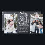 Rustic Chalkboard Snowflake Merry Christmas Photo Card<br><div class="desc">Beautiful typography based holiday photo card features a family photo. "It's the most wonderful time of the year" appears in white hand-lettered typography on a charcoal grey chalkboard background accented with white snowflakes. Customise the card with your personal greeting, family name along with individual names. On the back, the card...</div>