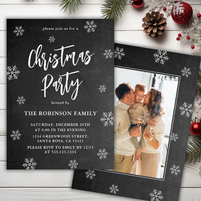 Rustic Chalkboard Snowflake Photo Christmas Party Invitation (Creator Uploaded)