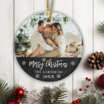 Rustic Chalkboard Snowflake Photo Merry Christmas  Ceramic Tree Decoration<br><div class="desc">Rustic Chalkboard Snowflakes Hand Lettered Script "Merry Christmas" Family Photo Ornament. Features a family photo,  a Merry Christmas text which is written in handwritten calligraphy script,  snowflakes and year on black chalkboard or blackboard colour background. Easy to personalise it.</div>