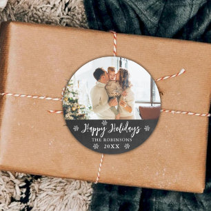 Rustic Chalkboard Snowflakes Photo Happy Holidays Classic Round Sticker
