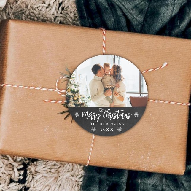 Rustic Chalkboard Snowflakes Photo Merry Christmas Classic Round Sticker (Creator Uploaded)