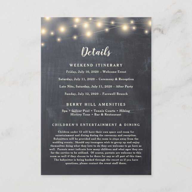 Rustic Chalkboard String Light Destination Details Enclosure Card (Front)
