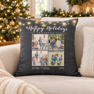 Rustic Chalkboard String Lights 4 Photo Collage Cushion
