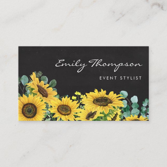 Rustic Chalkboard Sunflowers and Eucalyptus Floral Business Card (Front)