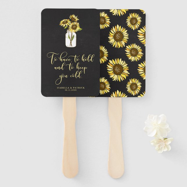 Rustic Chalkboard Sunflowers on Mason Jar Wedding Hand Fan (Front and Back)
