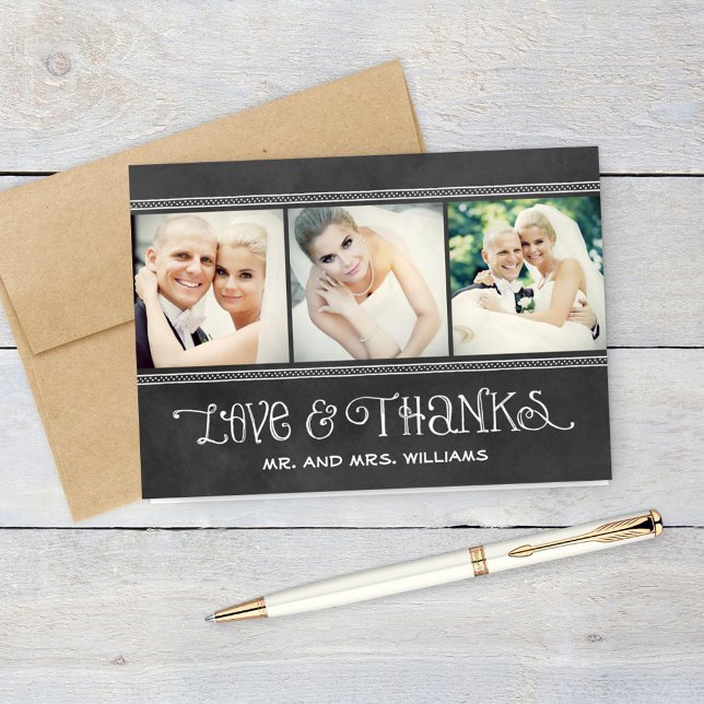Rustic Chalkboard Three Photo Monogram Wedding Thank You Card (Creator Uploaded)