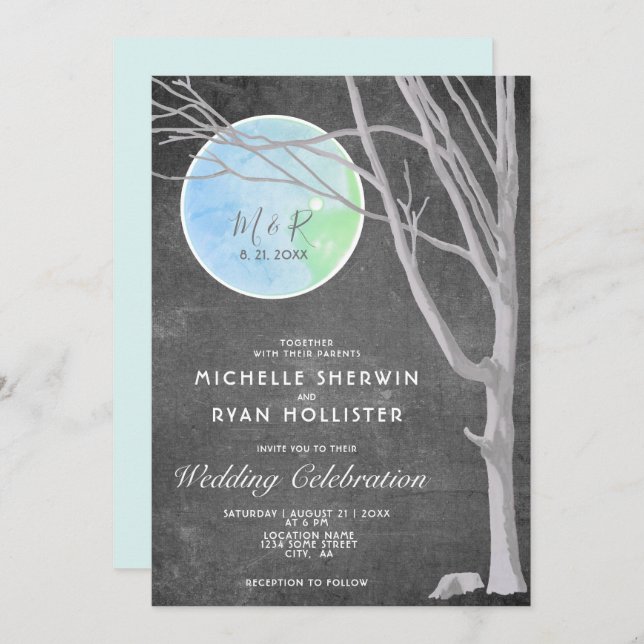 Rustic Chalkboard Tree and Moon Wedding Invitation (Front/Back)