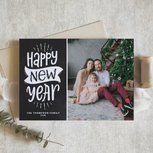 Rustic Chalkboard Typography Happy New Year Photo Holiday Card