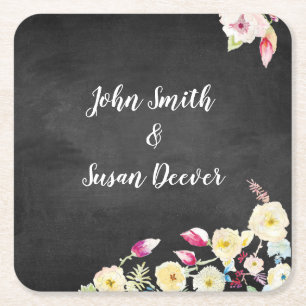 Rustic Chalkboard Vintage Floral Wedding Square Paper Coaster