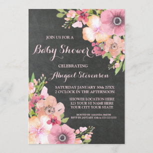 Rustic Chalkboard Watercolor Flowers Baby Shower Invitation