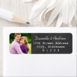 Rustic Chalkboard Wedding Photo Return Address<br><div class="desc">Whimsical and unique address label design features a photo,  custom white return address text,  soft black board style background with a rustic textured chalk appearance.</div>