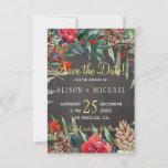 Rustic Chalkboard Winter Floral Christmas Wedding Save The Date<br><div class="desc">Rustic elegant winter wedding stylish save the date template card on dark grey charcoal chalkboard featuring watercolor red and green flowers, winter botanicals, pine cones, and foliage. Personalise with your details! The invitation is suitable for elegant winter rustic country | mountains resort or cottage | floral farmhouse style | December...</div>