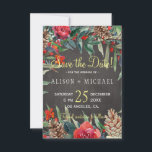 Rustic Chalkboard Winter Floral Christmas Wedding Save The Date<br><div class="desc">Rustic elegant winter wedding stylish save the date template card on dark grey charcoal chalkboard featuring watercolor red and green flowers, winter botanicals, pine cones, and foliage. Personalise with your details! The invitation is suitable for elegant winter rustic country | mountains resort or cottage | floral farmhouse style | December...</div>